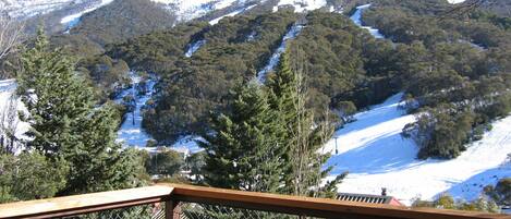 Vista de la montaña con laderas nevadas, un denso bosque y una terraza de madera con barandilla metálica.