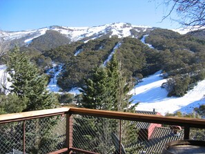 Vista de la montaña con laderas nevadas, un denso bosque y una terraza de madera con barandilla metálica.
