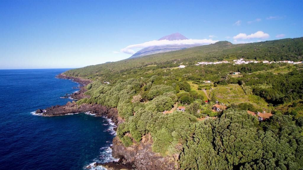 Paisaje costero con montaña, abundante vegetación y edificios dispersos.