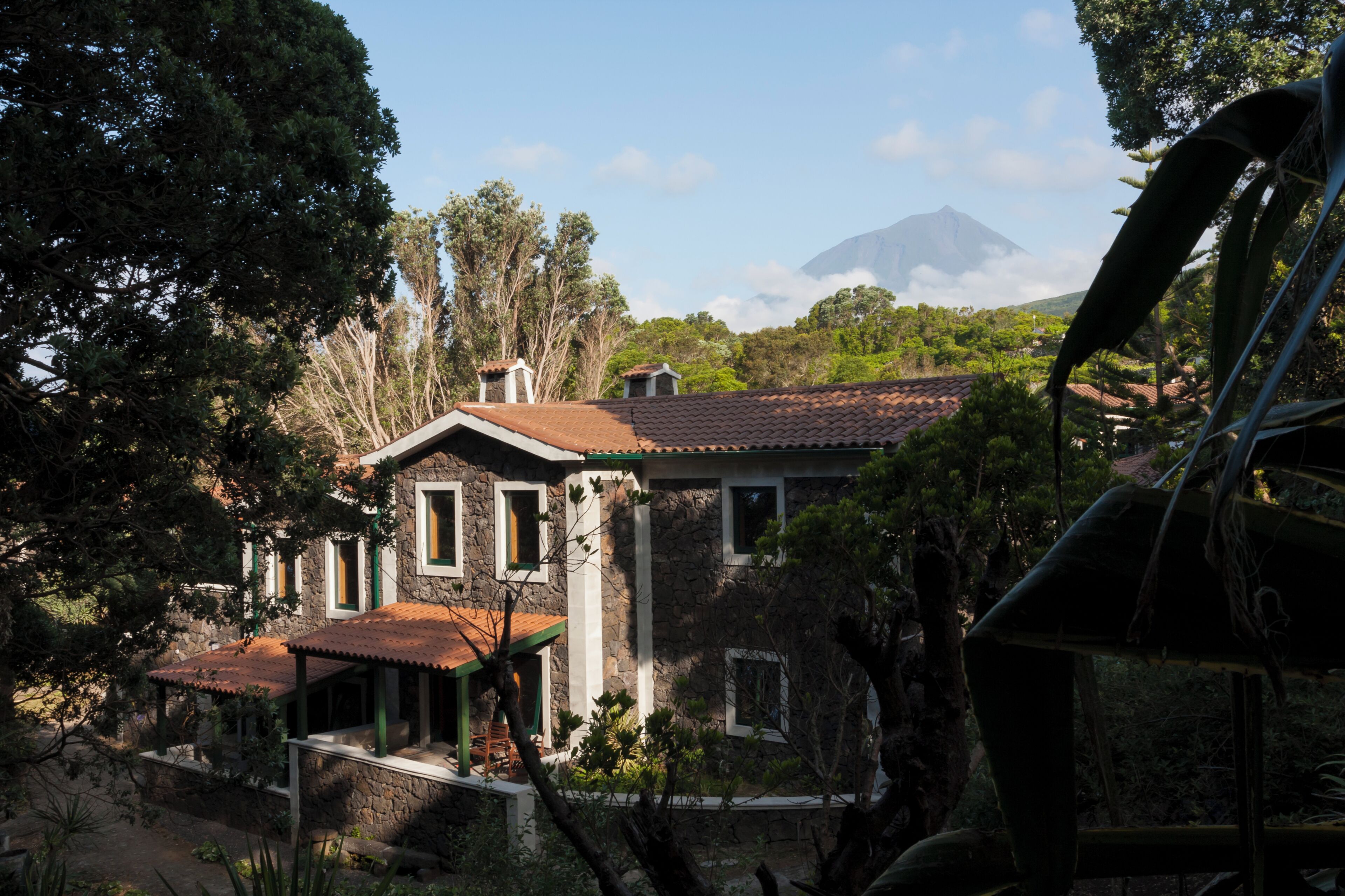 Une maison en pierre avec un toit de tuiles, entourée d’arbres et de végétation, avec une montagne en arrière-plan.