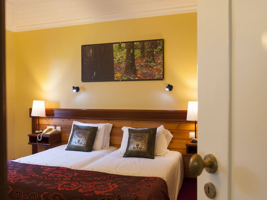 Habitación de hotel con una cama doble, dos lámparas de noche, una mesita de noche con teléfono, un cuadro de un bosque en la pared y una puerta con cerradura.