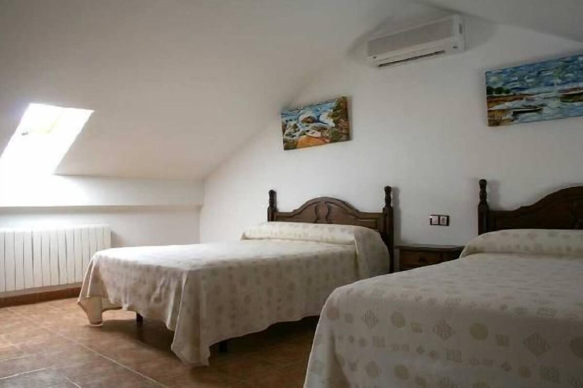 A room with two beds, a radiator, a painting on the wall, and a sloped ceiling with a skylight.
