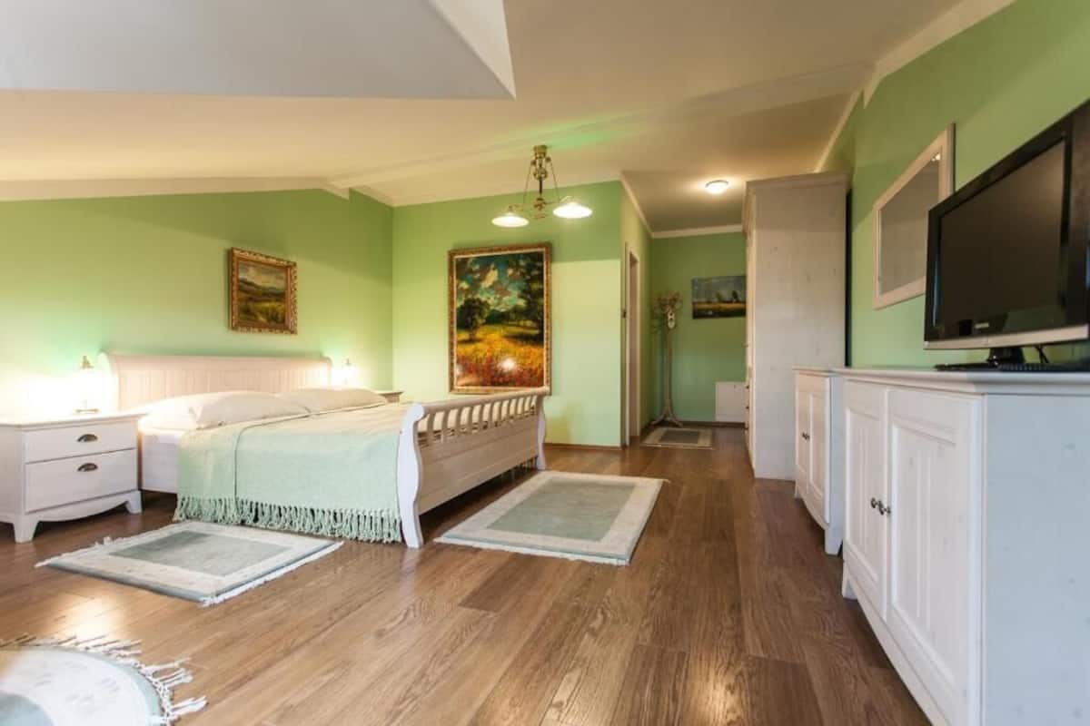 Een slaapkamer met een bed, nachtkastjes, een dressoir, een televisie en kunstwerken aan de muren.