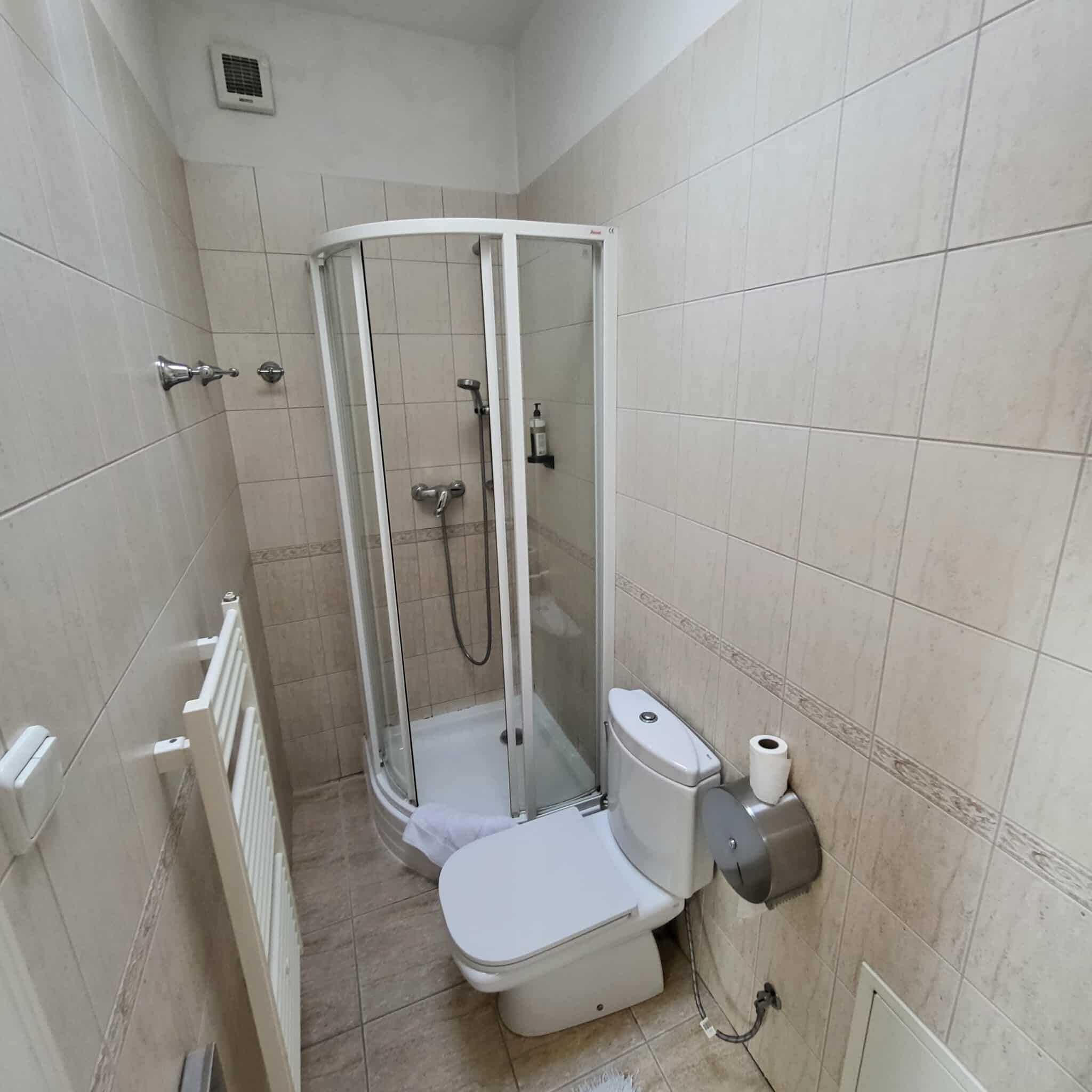 A small, enclosed shower area with a glass door, a toilet, and a towel rack.