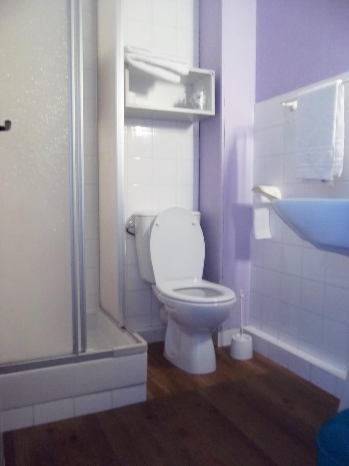 A bathroom with a toilet, a shower, and a sink.