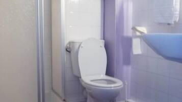 A bathroom with a toilet, a shower, and a sink.