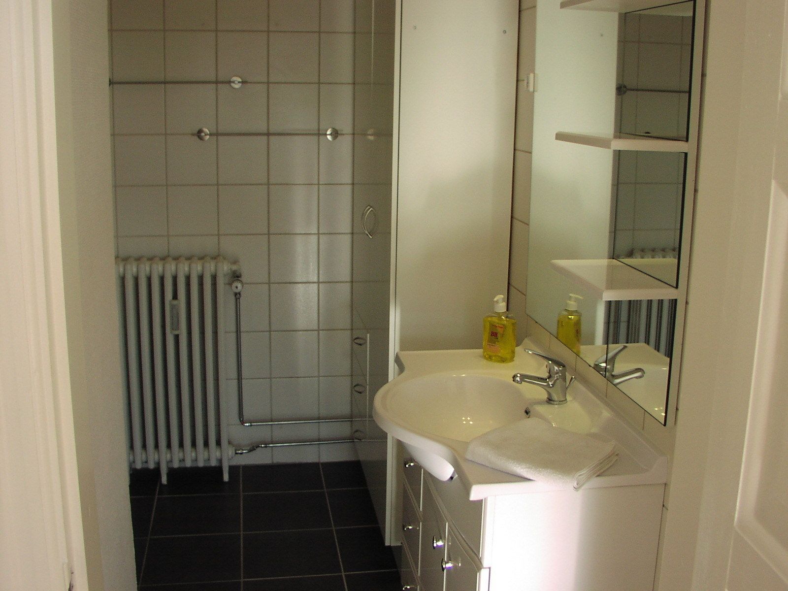 Un bagno con lavandino bianco, specchio e zona doccia con rivestimento in piastrelle e termosifone.