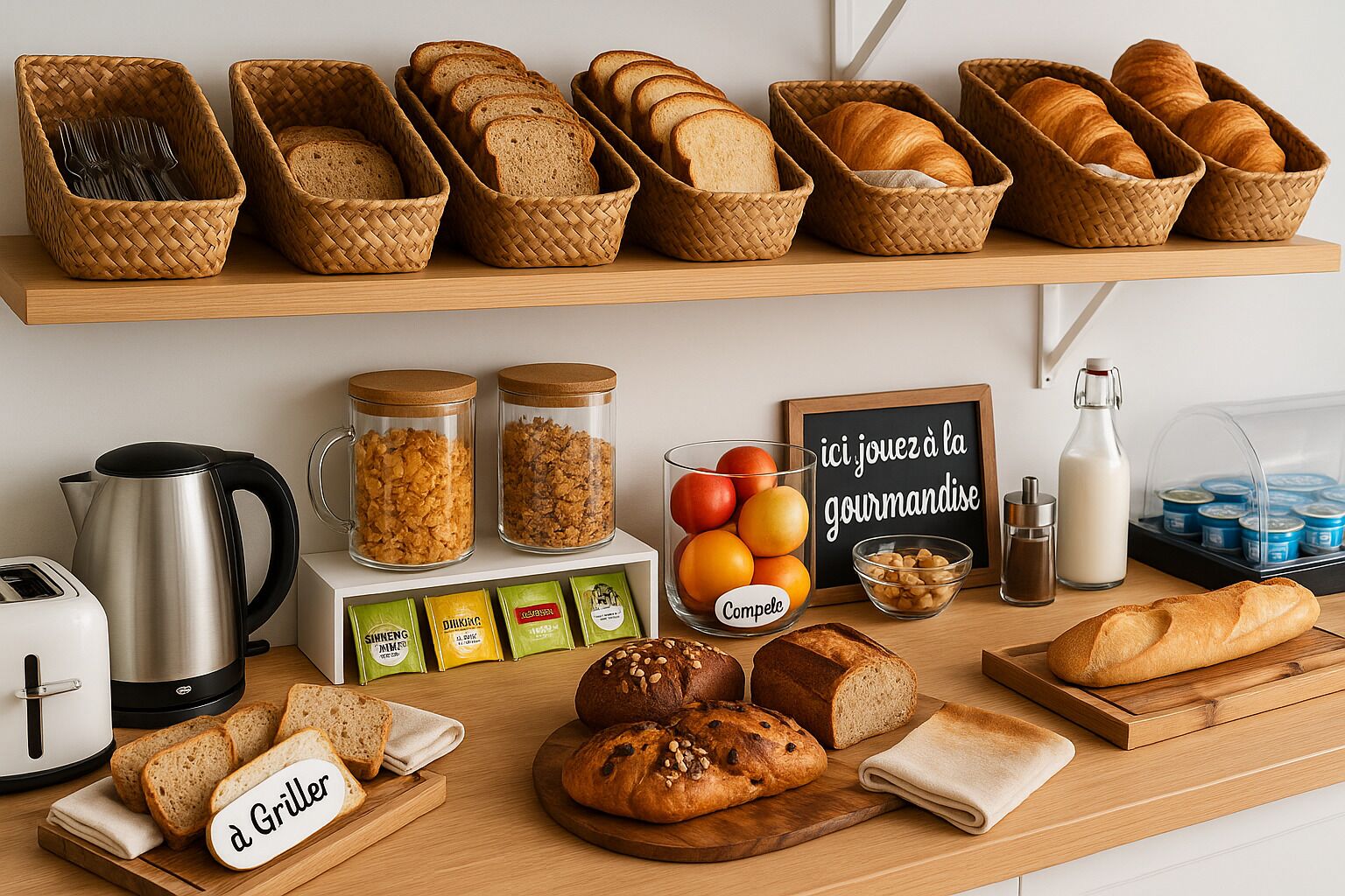 Un bufé de desayuno con panes, bollería y frutas variadas.