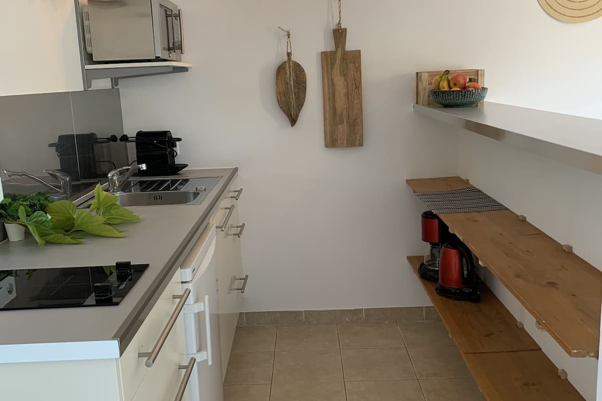 full-sized fridge, microwave, stovetop, espresso maker