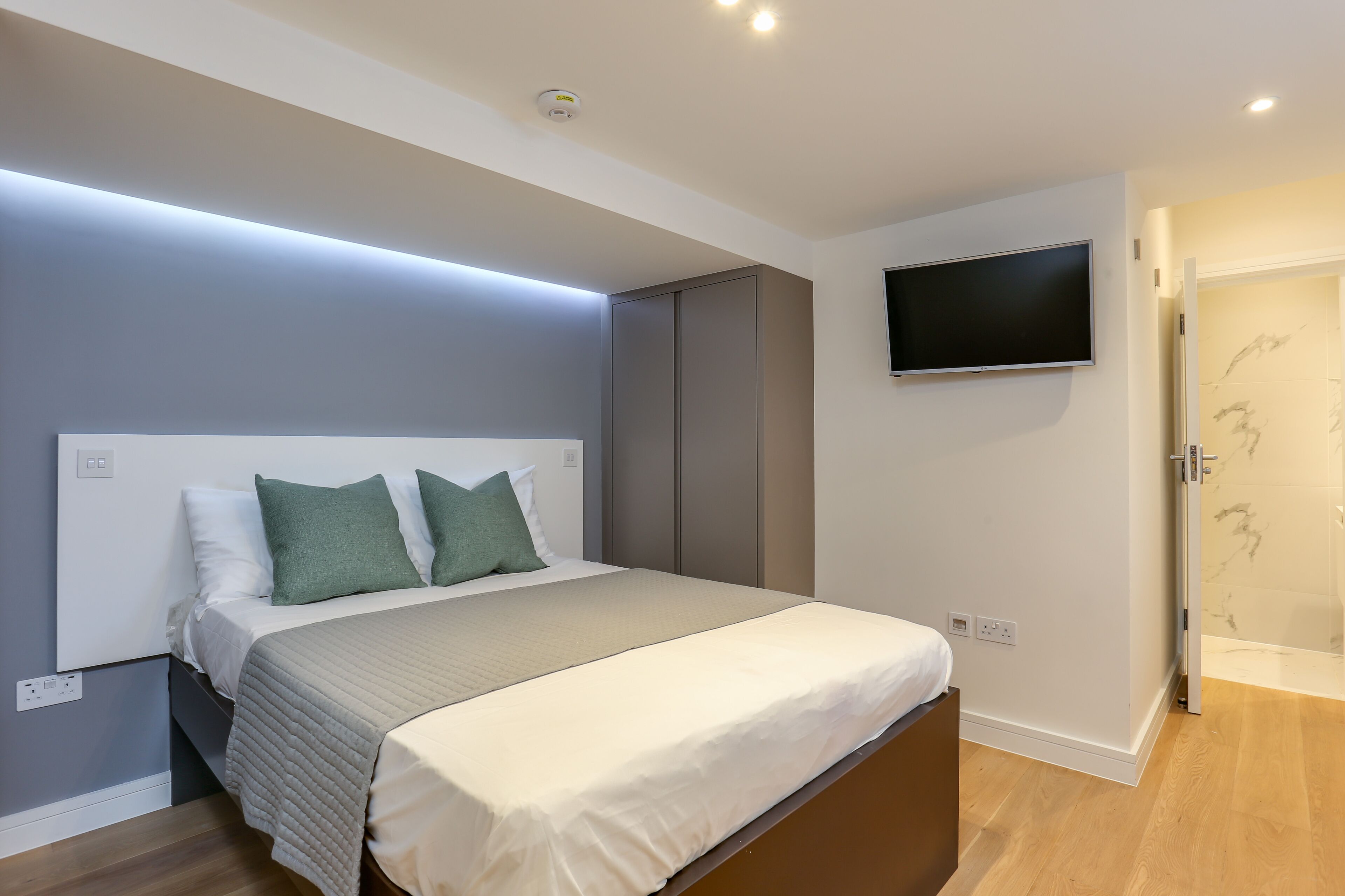 Une chambre moderne avec un lit, une télévision et une douche.