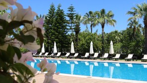 Un área de piscina con sillones de descanso y sombrillas, rodeada de palmeras y un cielo azul despejado.