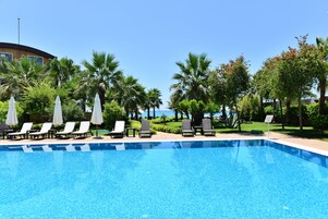 Una piscina azul cristalina con sillas de descanso y sombrillas, rodeada de palmeras y follaje.