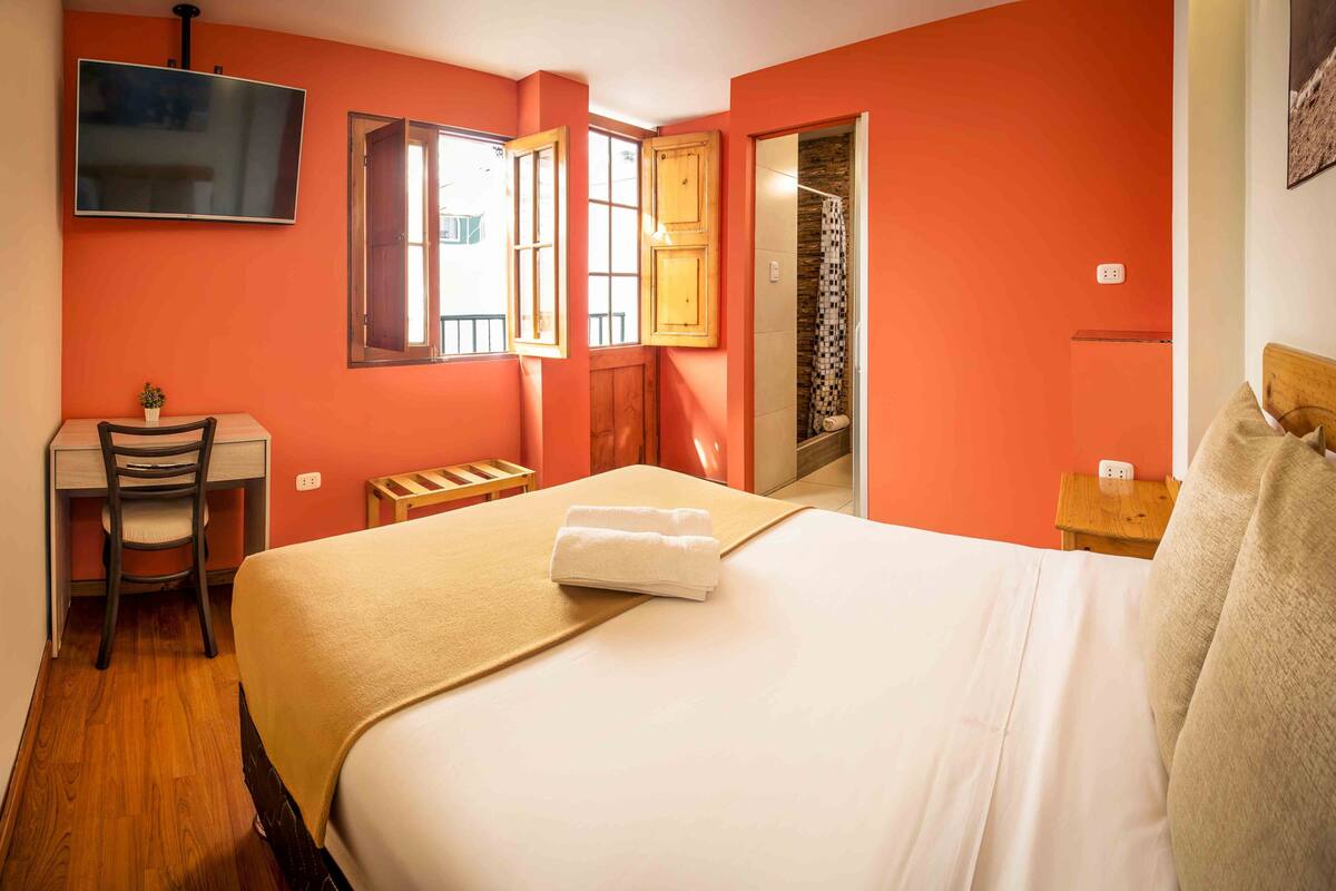 A hotel room with a bed, a desk, a chair, a TV, and a shower area.