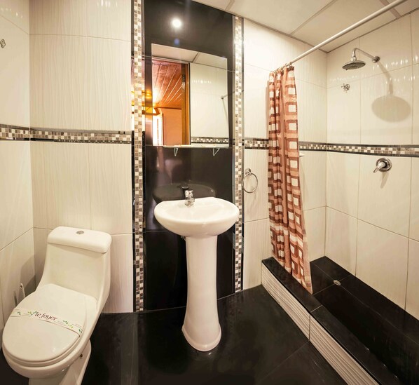 A bathroom with a toilet, sink, and shower area.