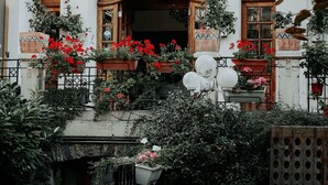 A building with a sign reading "Hotel Crystal" and a balcony with potted plants and flowers. - Hotel Crystal Reims Centre (Reims)