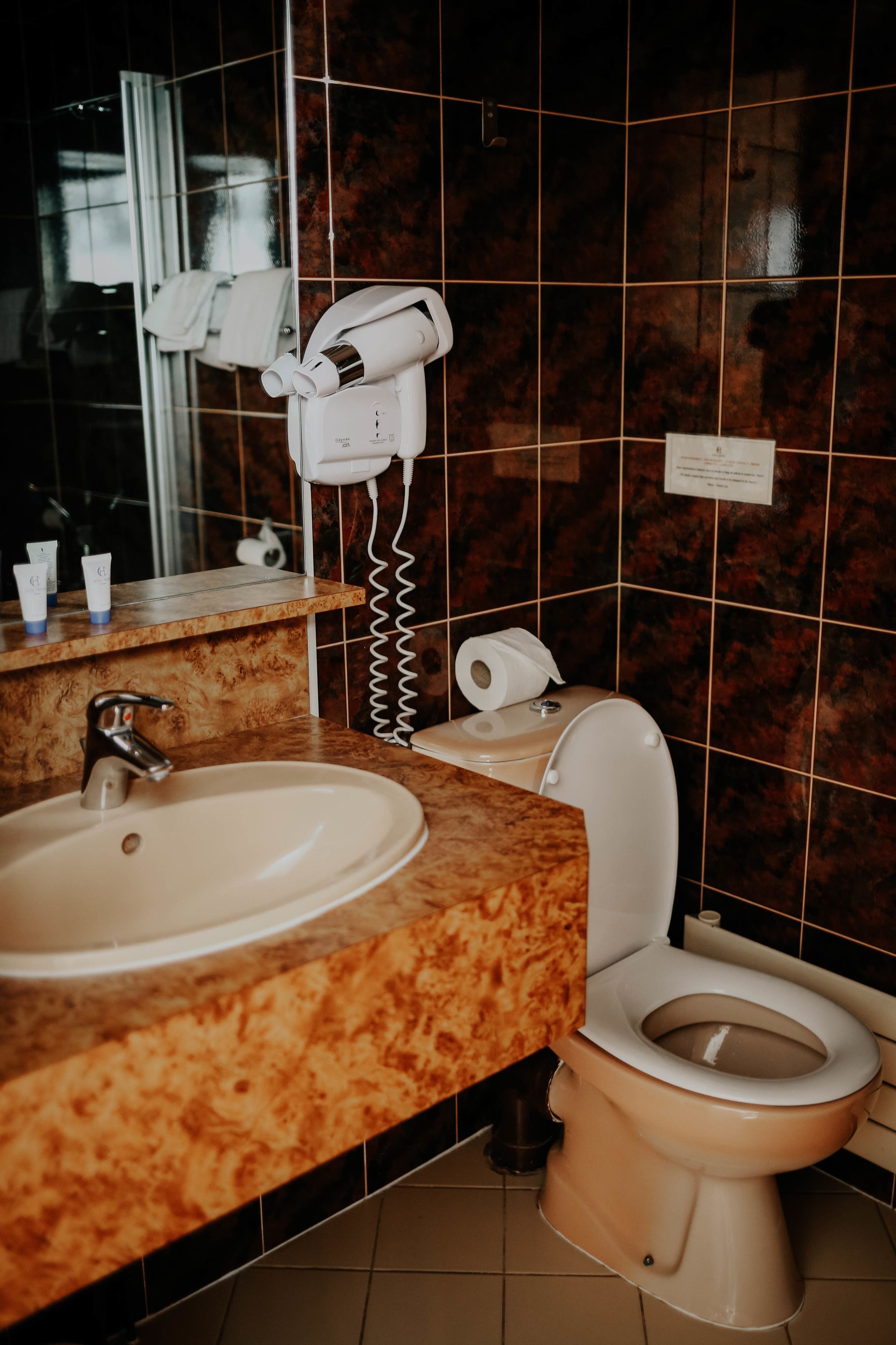 Et badeværelse med bordplade i marmor, håndvask, toilet og en hårtørrer fastgjort på væggen.
