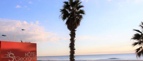 A beach scene with a palm tree, a red sign with hotel name, and a clear sky.