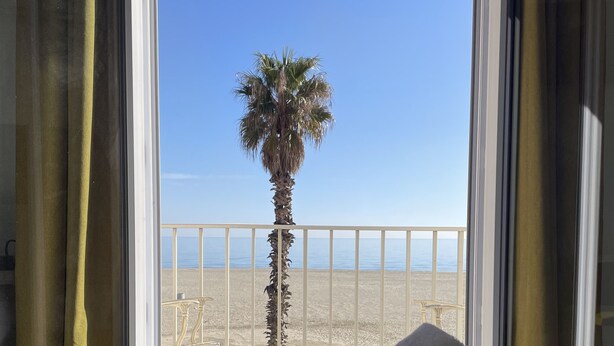 A hotel room with a bed, a blue towel, and a view of a palm tree and beach.