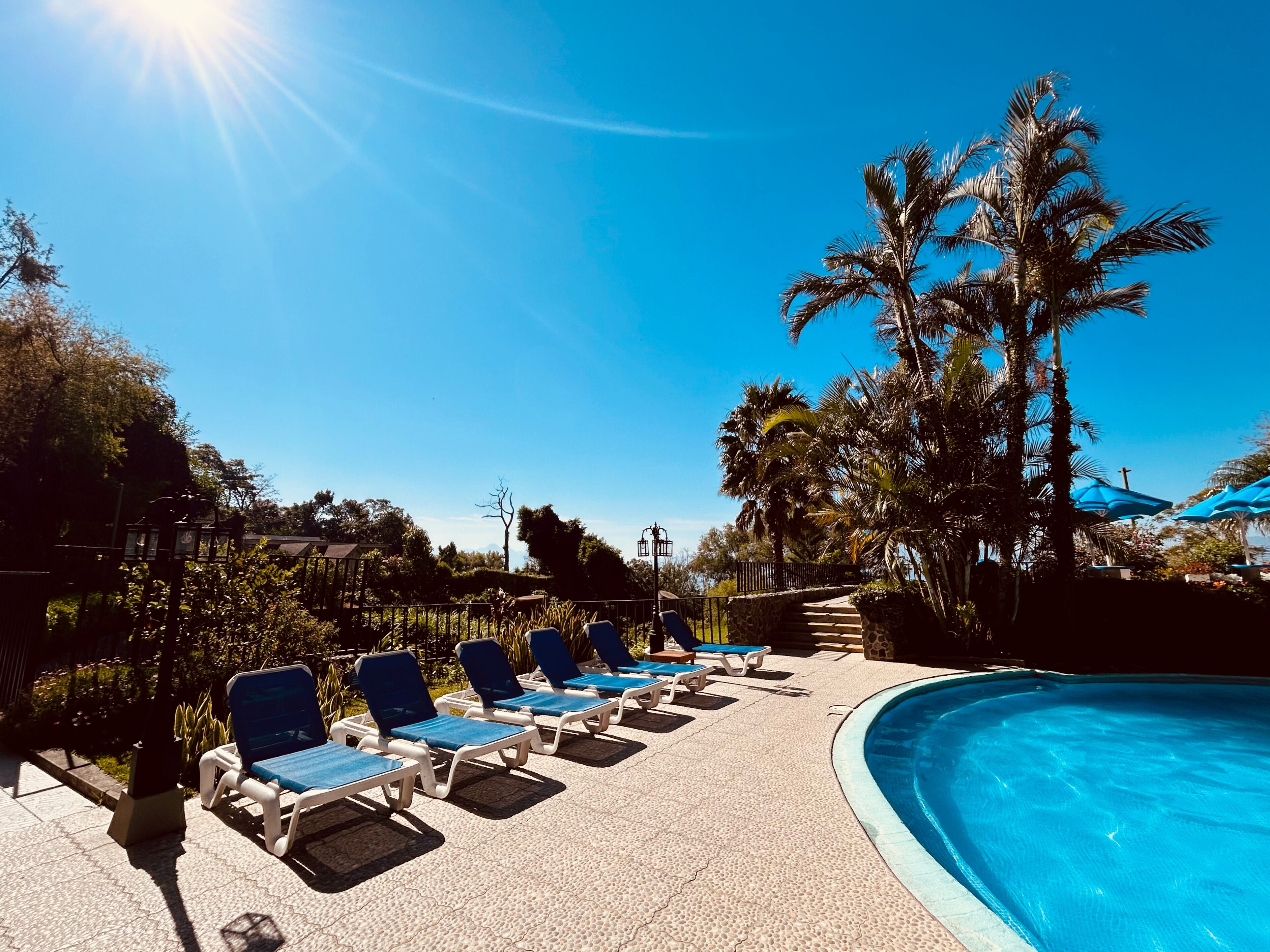 Zona junto a la piscina con sillas reclinables, cielo azul despejado y palmeras.