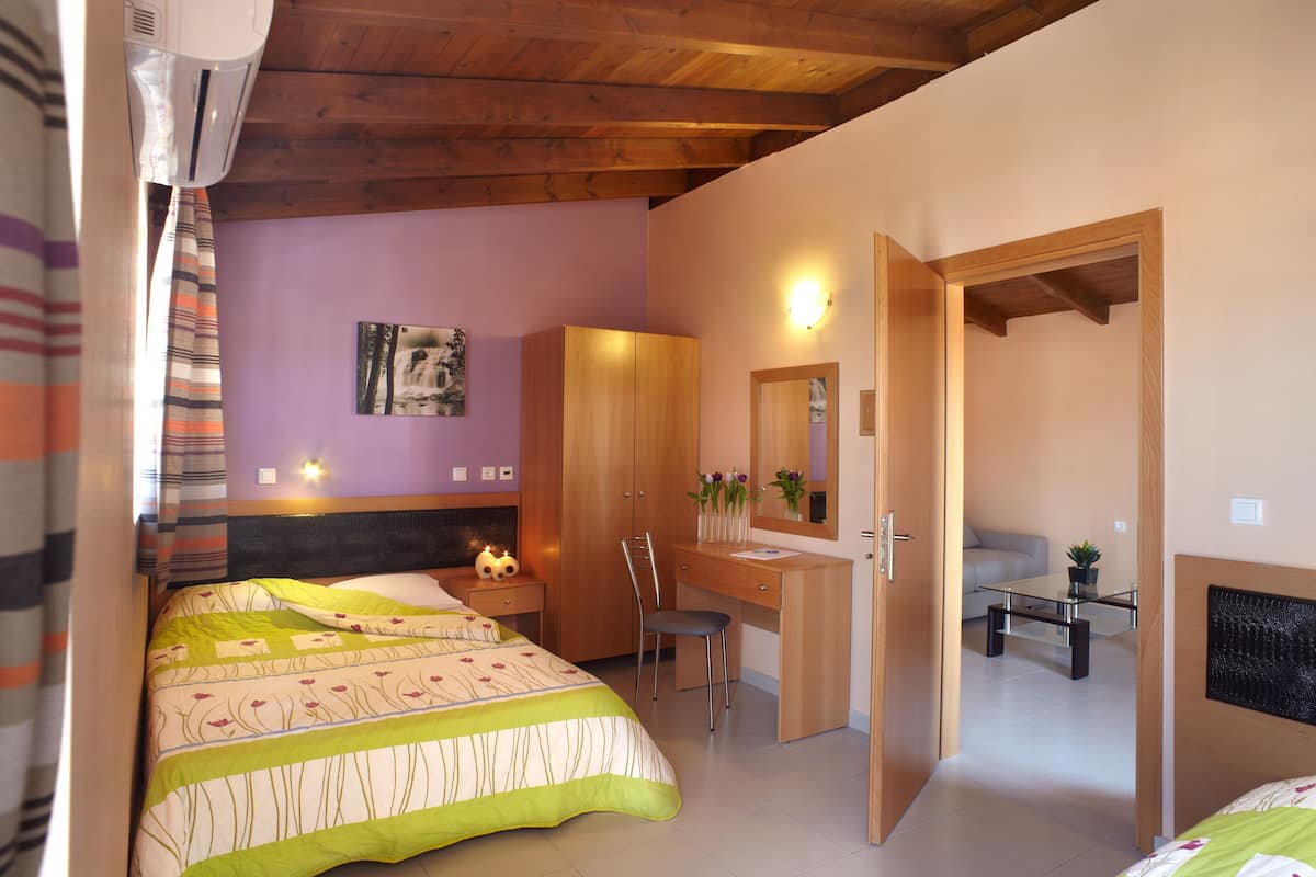 Un dormitorio con una cama, un escritorio y una silla. Hay un armario, un espejo y una pequeña mesa con una planta.