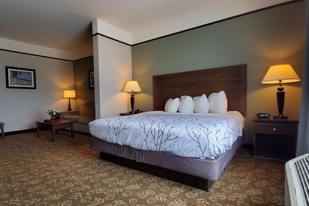 Habitación de hotel con una cama grande, dos lámparas de noche, un banco, una mesita con un florero y un calentador de pared.