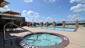 Outdoor pool, pool umbrellas, pool loungers