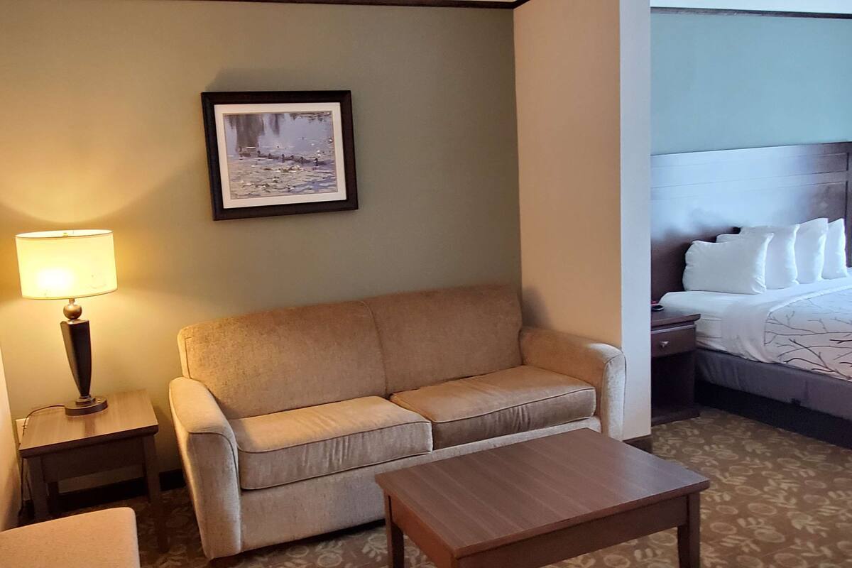 A hotel room with a sofa, a small table, a lamp, a framed picture on the wall, and a bed with pillows.