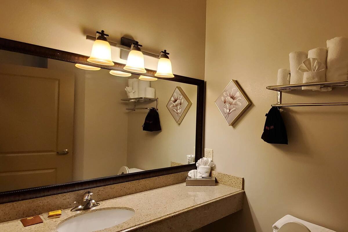 A bathroom with a sink, mirror, towel rack, and toilet paper shelf.