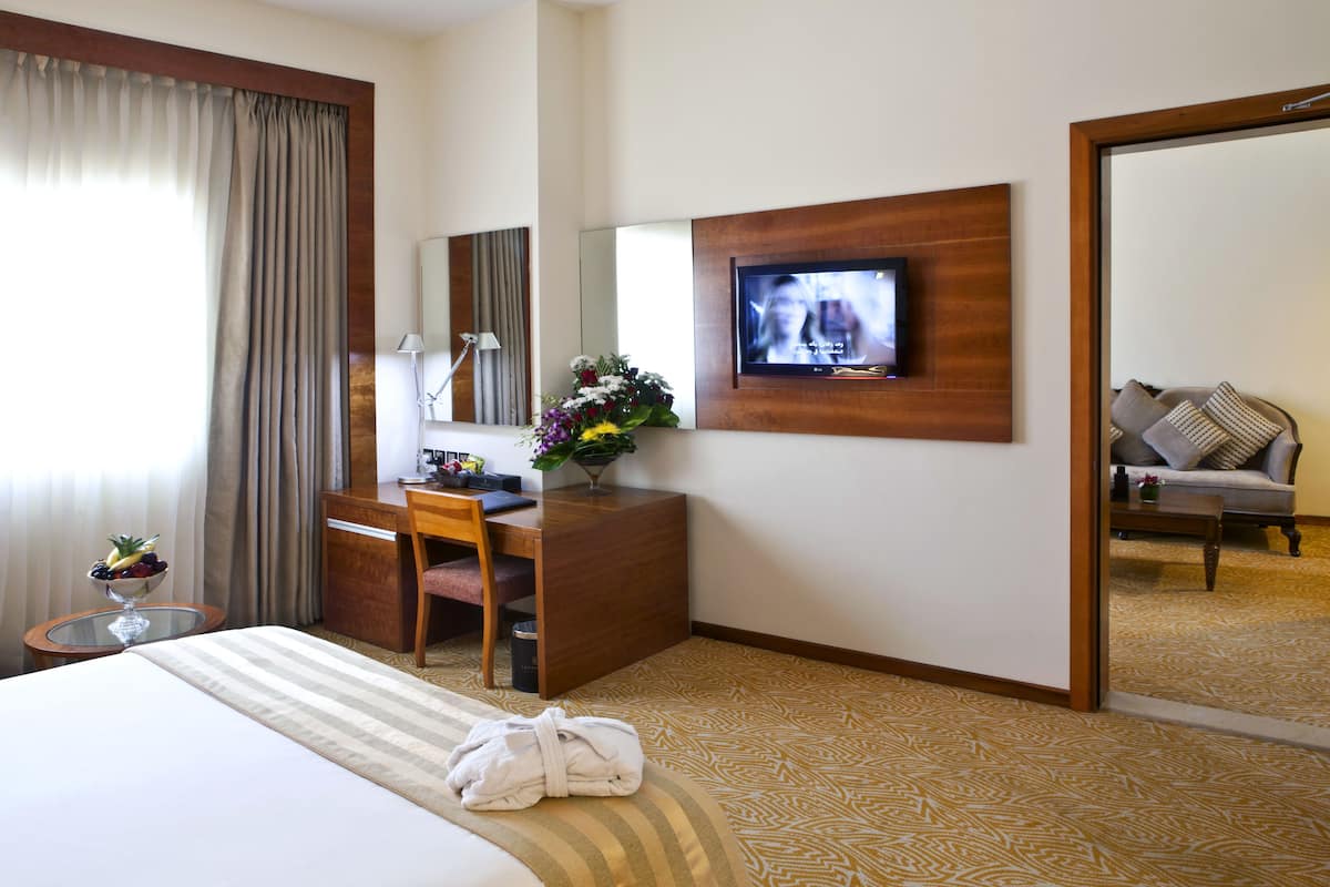 A hotel room with a bed, a desk, a television, a mirror, and a sofa.