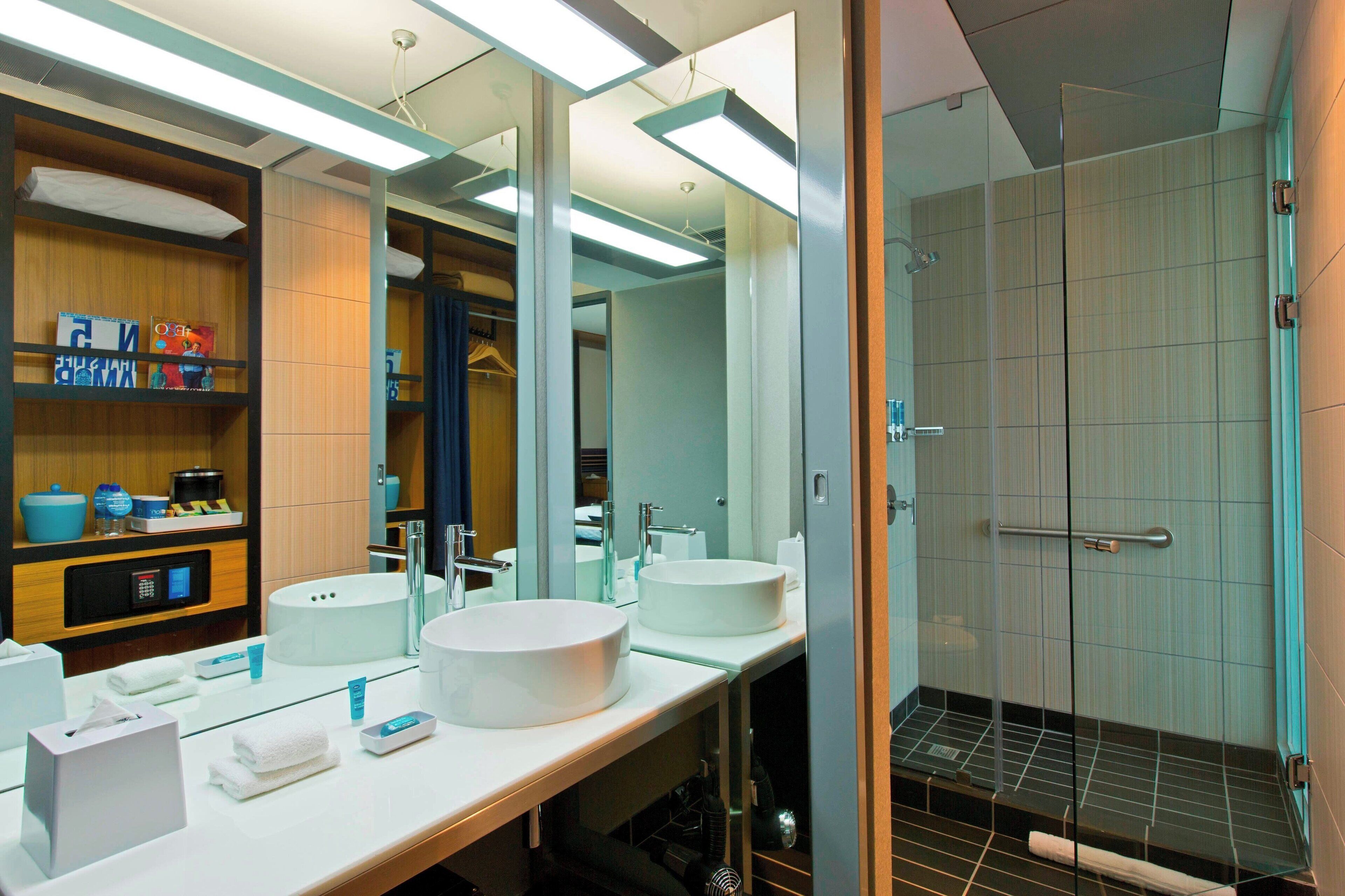 aloft, room, 2 double beds, non smoking | bathroom | shower, designer toiletries, hair dryer, towels
