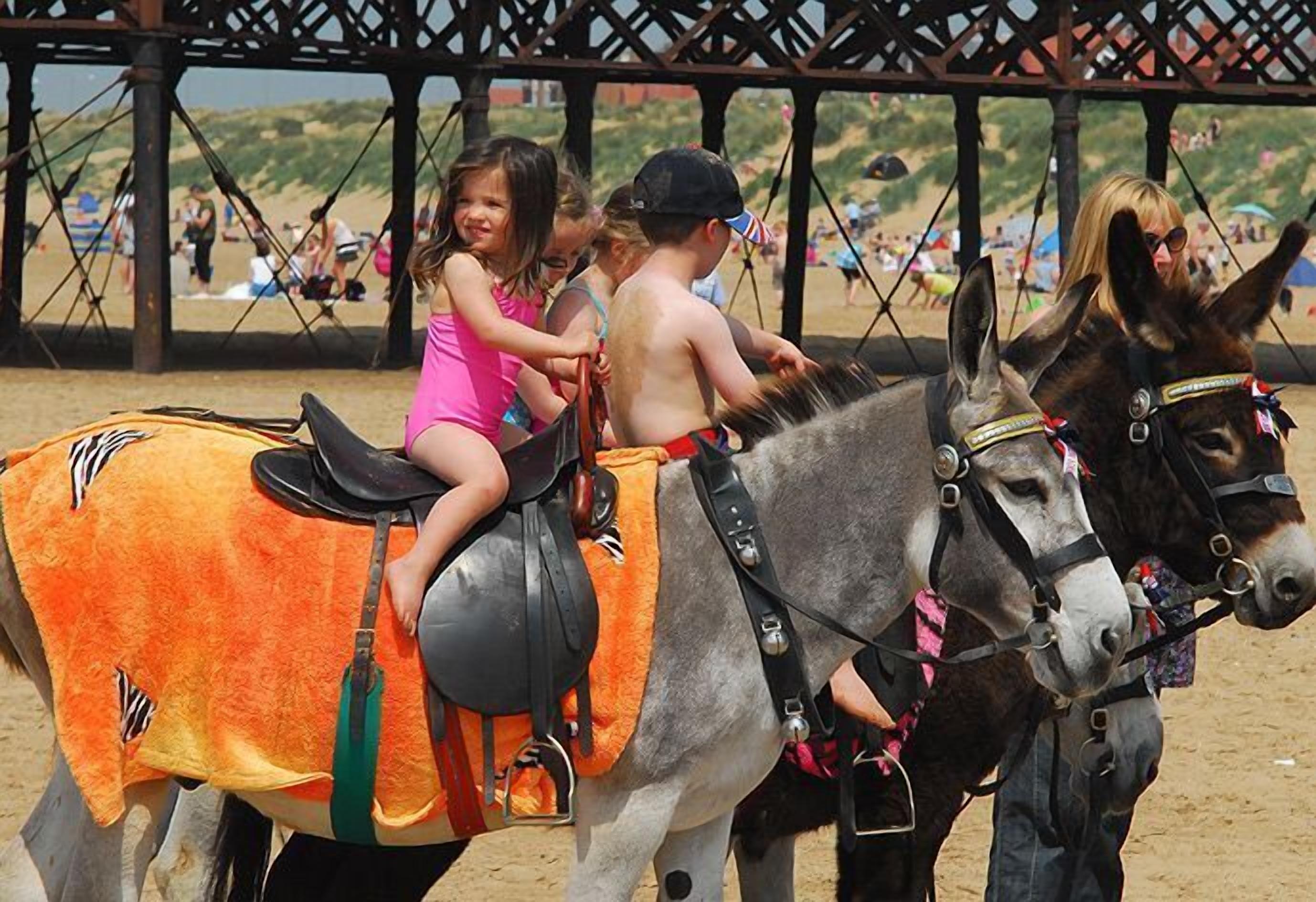 Escena de playa con paseo en burro.