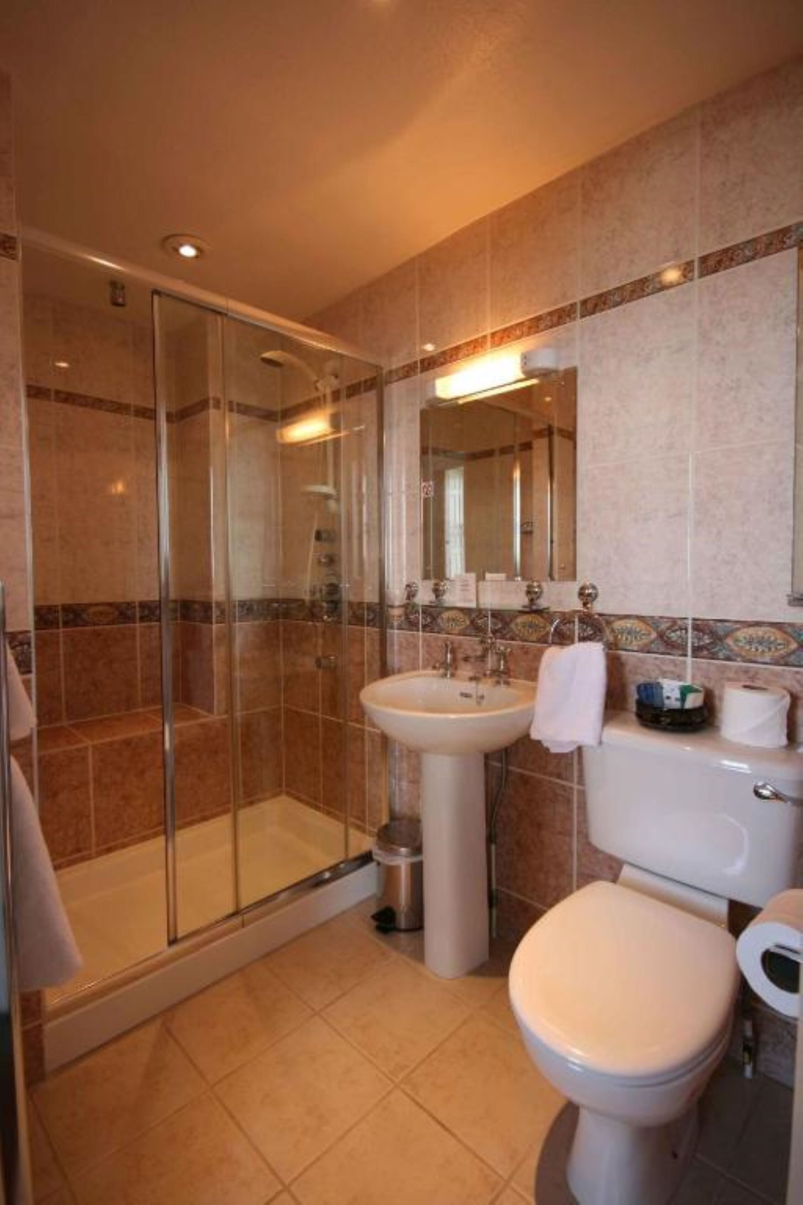 A bathroom with a glass-enclosed shower, a sink, and a toilet.