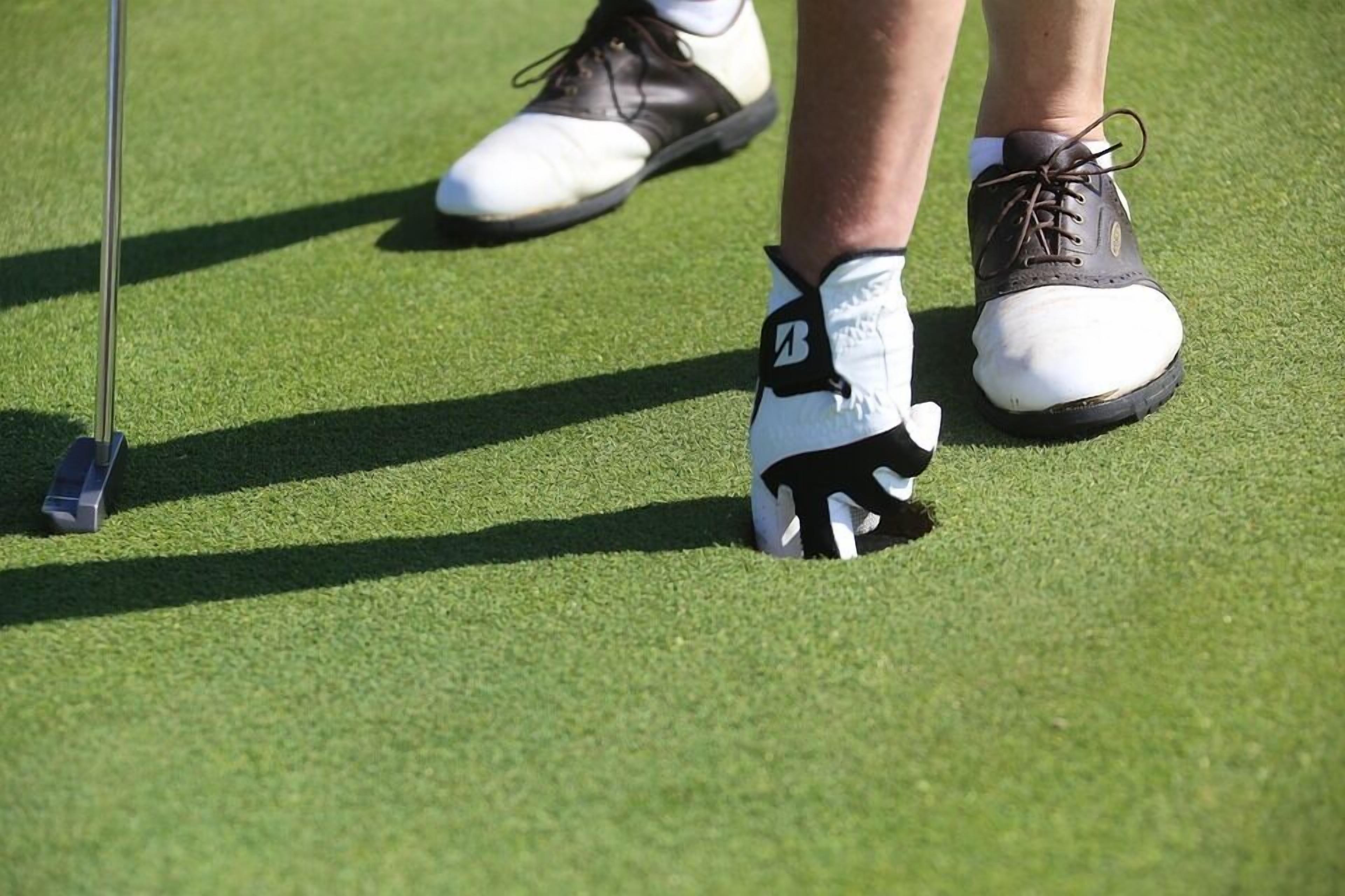 Lähikuva golfmailasta ja golfkäsineestä vihreällä alustalla.
