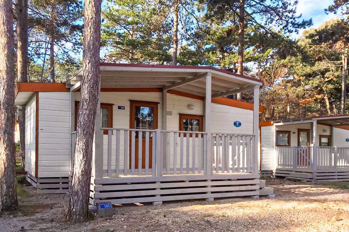 A row of cabins with a porch, numbered 501, in a wooded area.