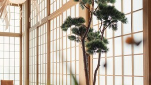 Una habitación con ventanas amplias, suelo de madera y un sofá.