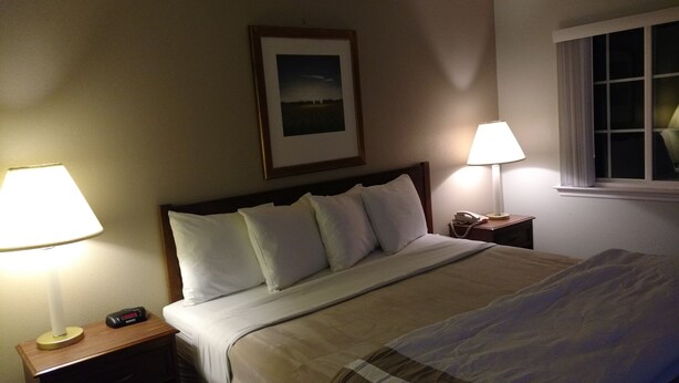 Ein Hotelzimmer mit einem ordentlich bezogenen Bett, zwei Nachttischlampen, einem gerahmten Bild an der Wand und einem Fenster mit Vorhängen.