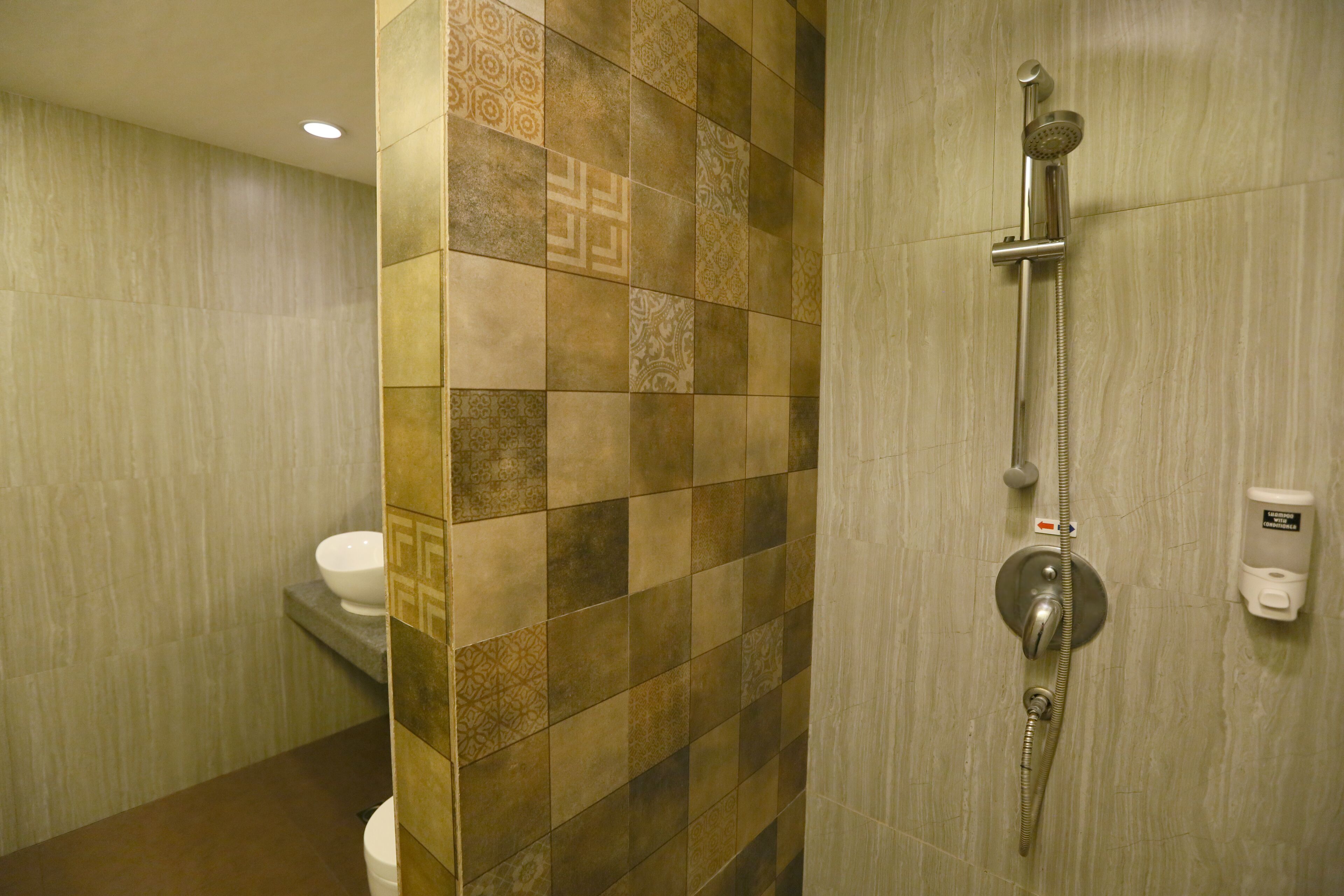 A bathroom with patterned tiles, a shower, and a toilet.
