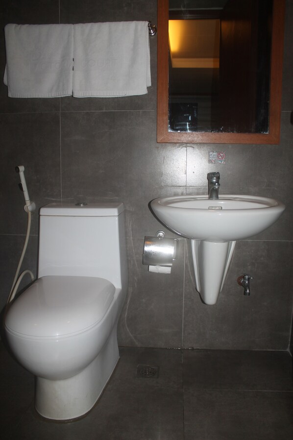 Un baño con inodoro, lavabo y espejo.