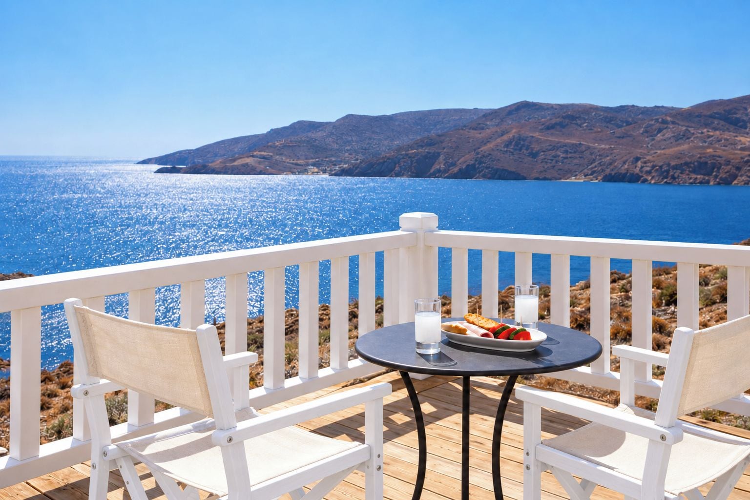 A deck with white chairs and a table, overlooking a body of water and hills.