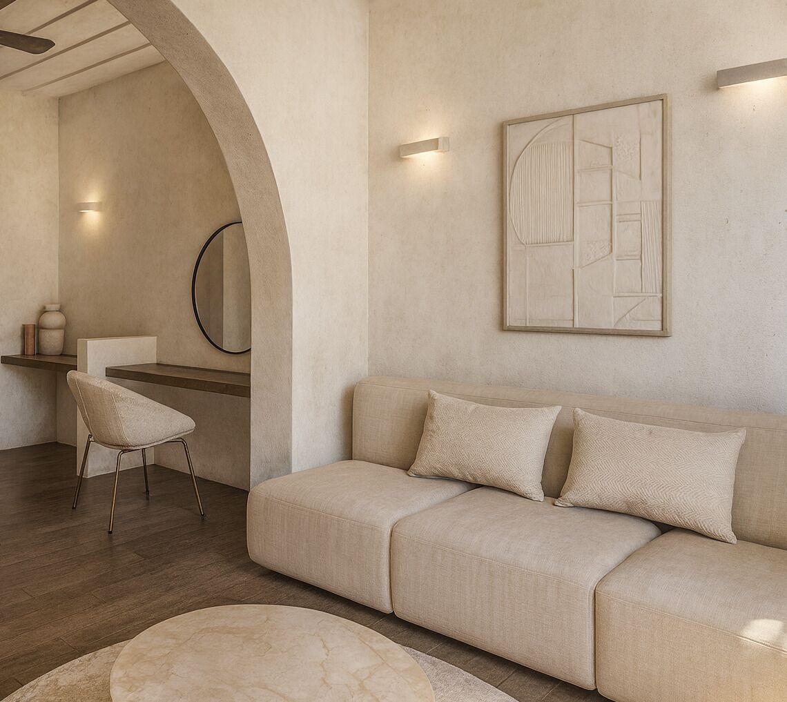 Ein modernes Wohnzimmer mit einem beigen Sofa, einem runden Couchtisch und einem minimalistischen Design.
