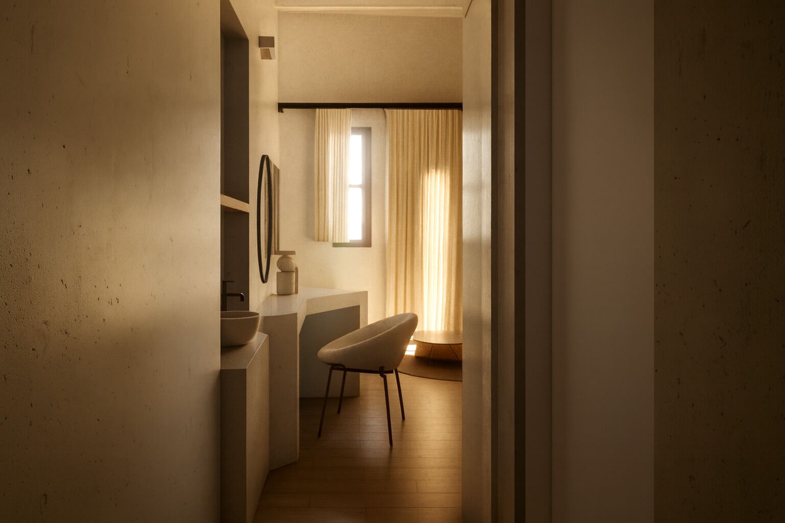 Un corridoio stretto che porta a un bagno con lavandino, specchio e sedia.