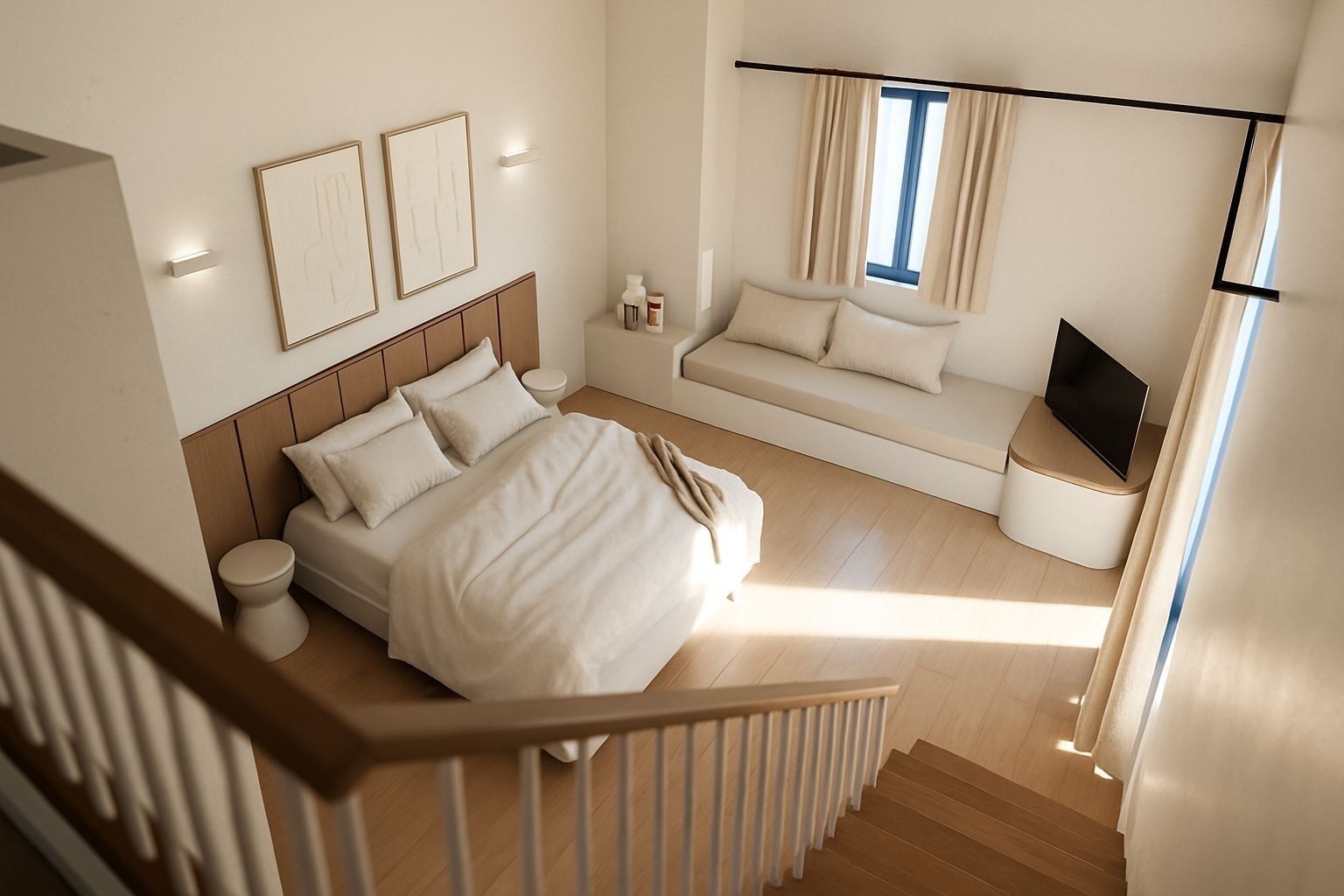 A bedroom with a bed, a sofa, a TV, and a window with curtains.