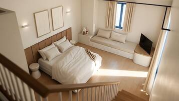 A bedroom with a bed, a sofa, a TV, and a window with curtains.
