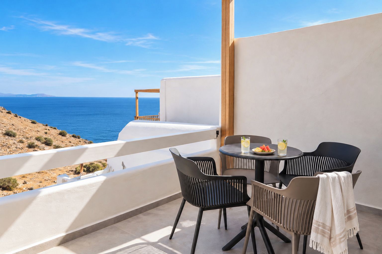 Un balcón con mesa y sillas, con vista a un paisaje costero.