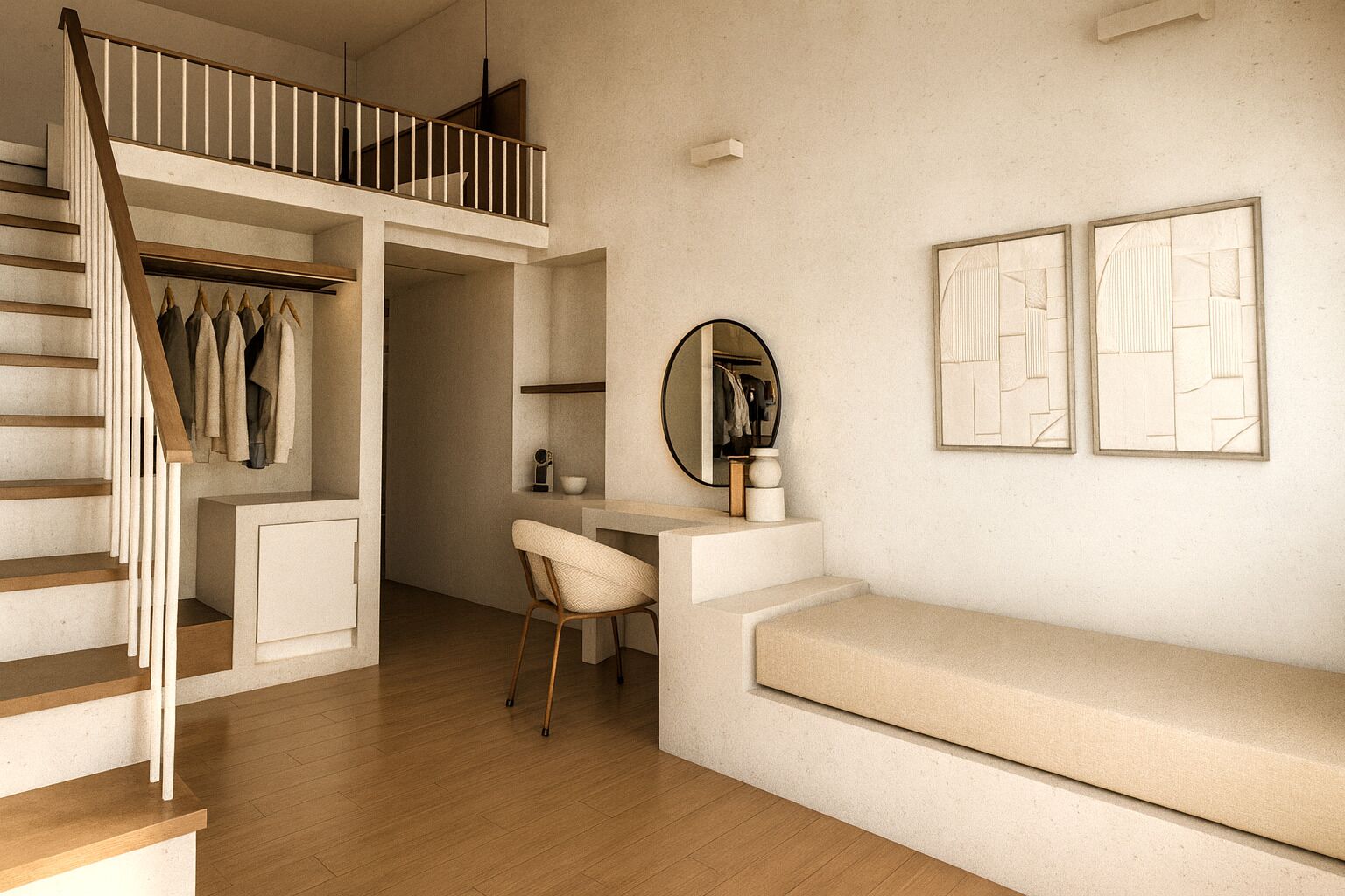 Un intérieur moderne avec un escalier, un bureau, une chaise et un banc.