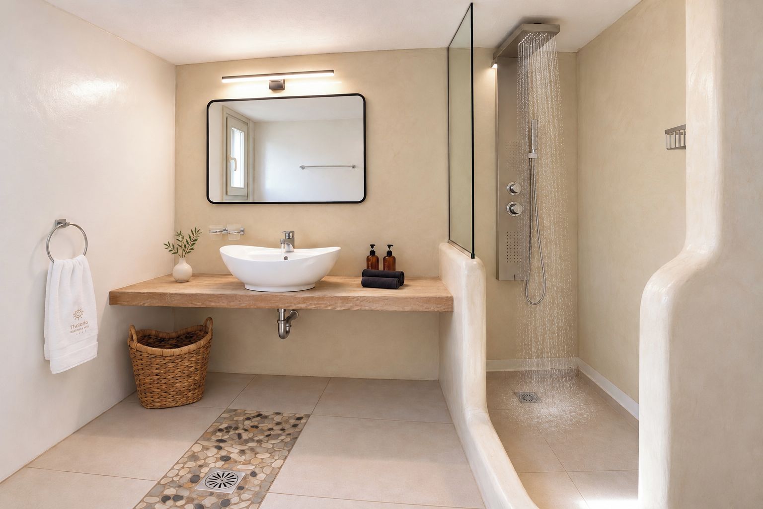 Un baño moderno con una bañera independiente, un espejo grande, un lavabo blanco y una planta pequeña.
