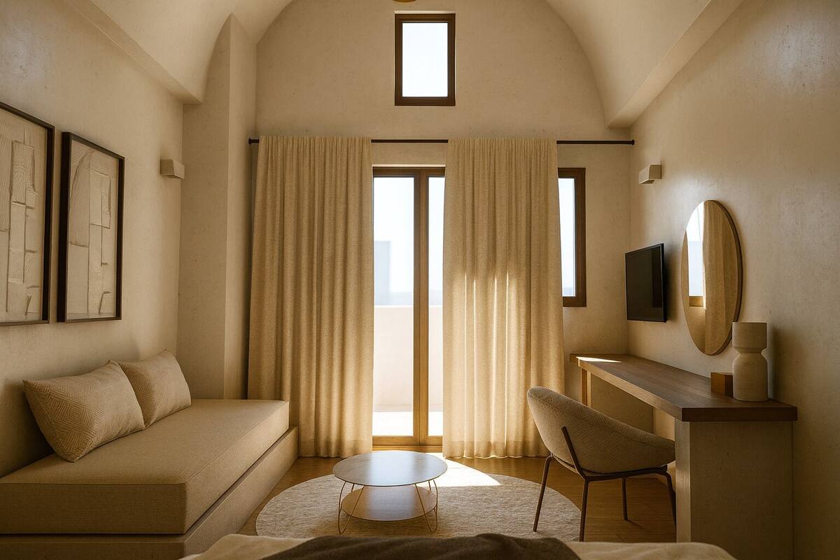 Une chambre d’hôtel moderne comprenant un canapé, une table basse ronde, un fauteuil, un bureau et un téléviseur.