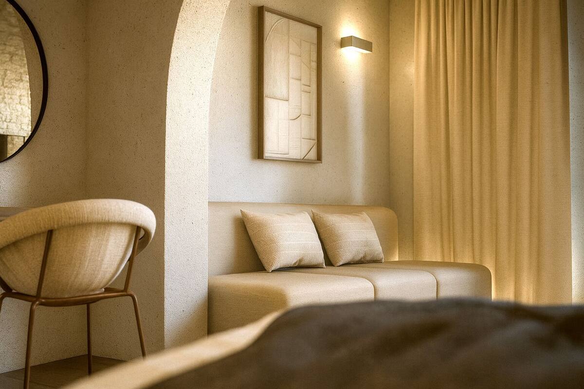 Ropa de cama de alta calidad y caja de seguridad en la habitación