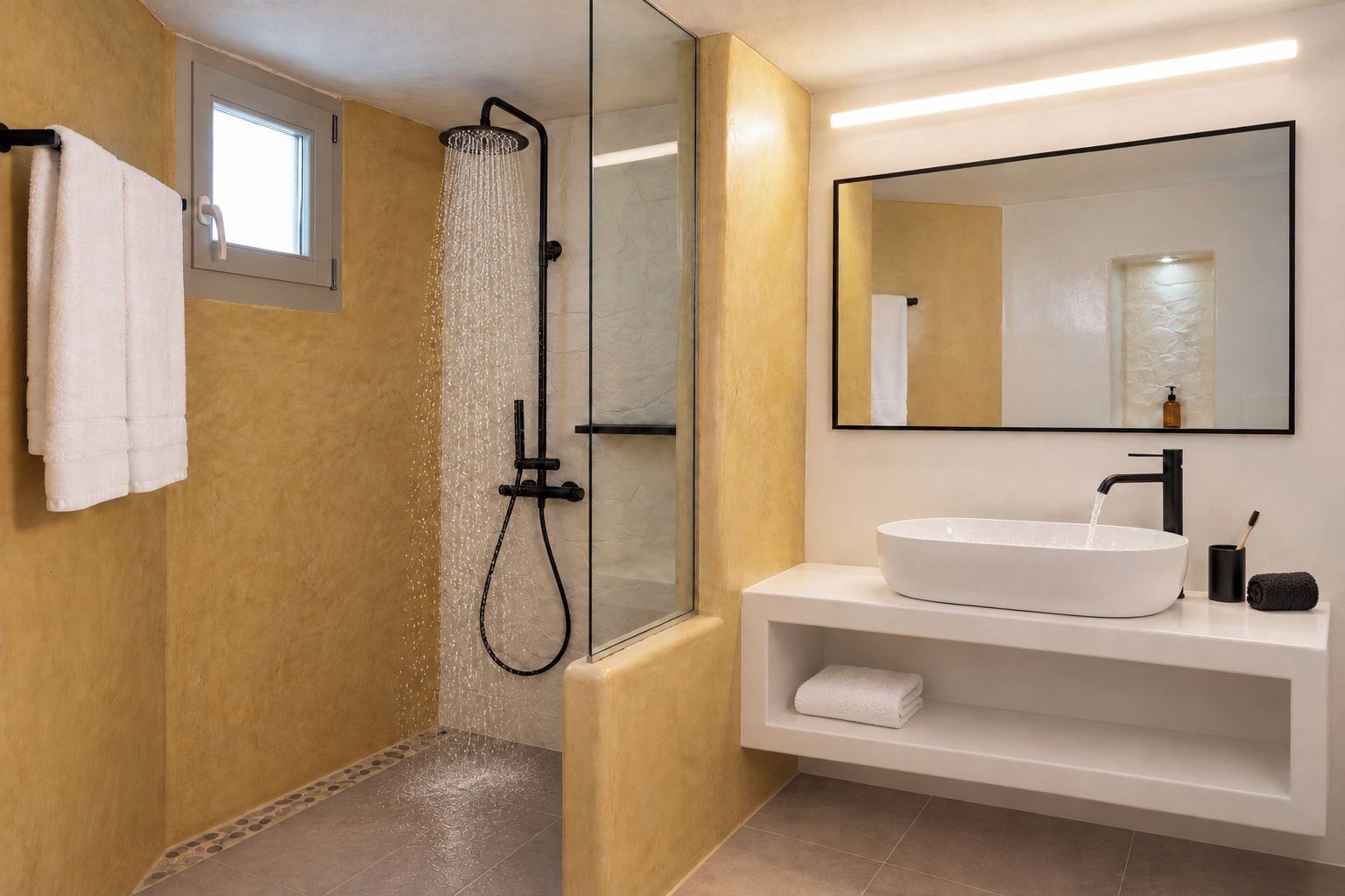 A modern bathroom with a glass-enclosed shower, a white sink, and a large mirror.
