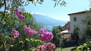 Edifici amb teulada vermella, envoltat de vegetació i vista despejada d'una muntanya i un llac.